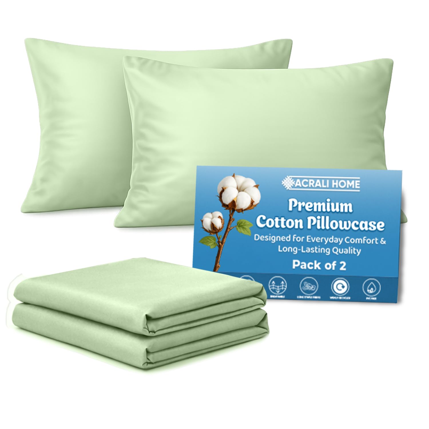 Acrali Home Sage Green Egyptian Cotton Pillow Cases 2 Pack, Standard Size 50x75 cm - 200 Thread Count - Hotel Quality Super Soft, Breathable Pillow Covers with Envelope Closure โ image 1