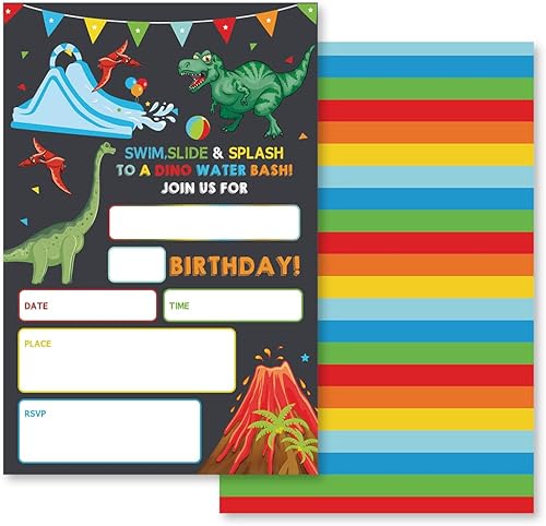 Grace Yonks Invitación de cumpleaños de fiesta de dinosaurios, 20 invitaciones y sobres para invitaciones de fiesta de cumpleaños de cualquier edad,