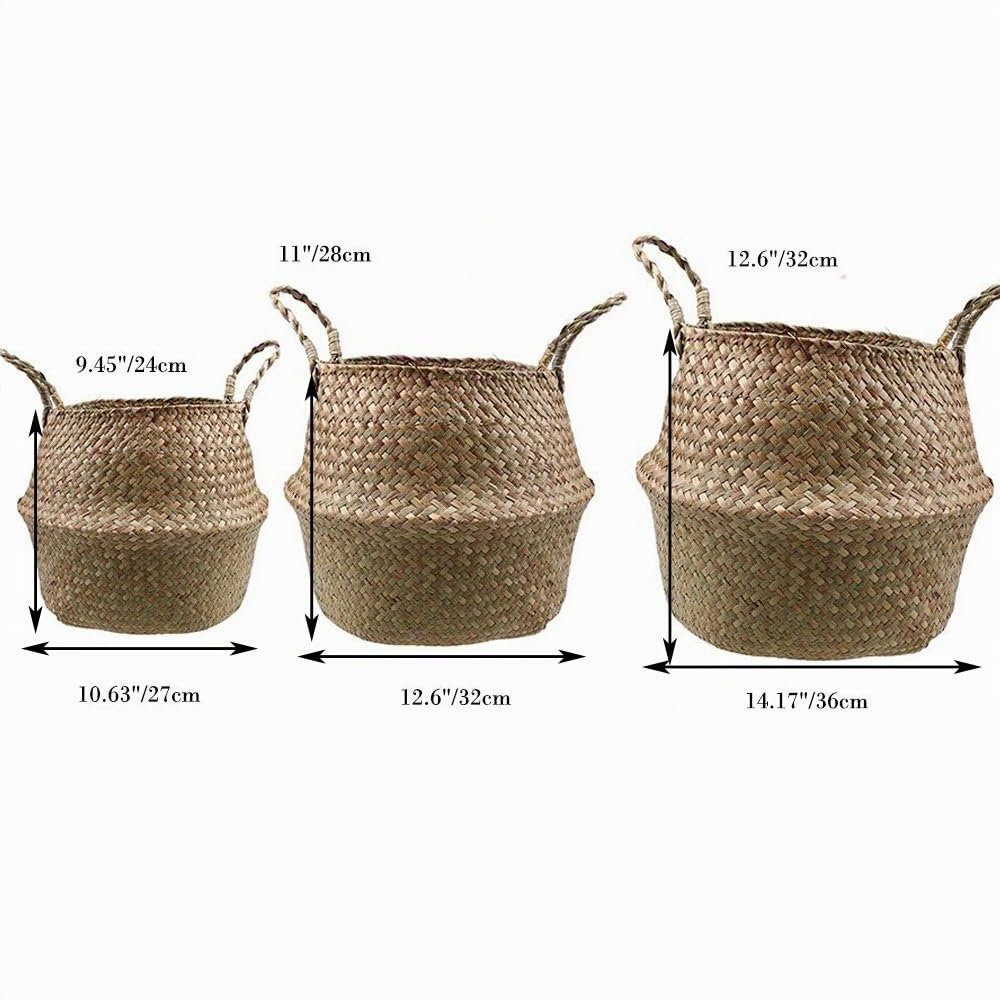 Natürlicher Seegras Korb mit Griff 3 Packung, SZETOSY Handgewebt Klappbares Dekor Lagerung/Waschkorb, 27x24cm, 32x28cm, 36x32cm