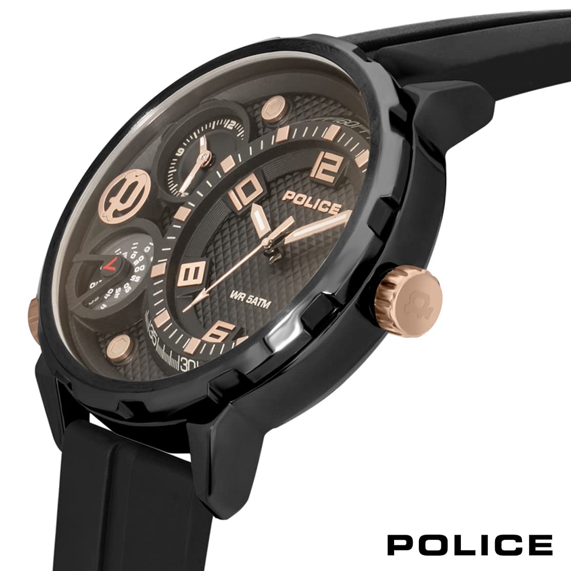 POLICE Ray PEWJN2195301 - Orologio multifunzione da uomo con quadrante nero e cinturino in silicone nero, cassa in acciaio inox da 51 mm, in confezione regalo, Marrone chiaro, misura unica, Cinturino