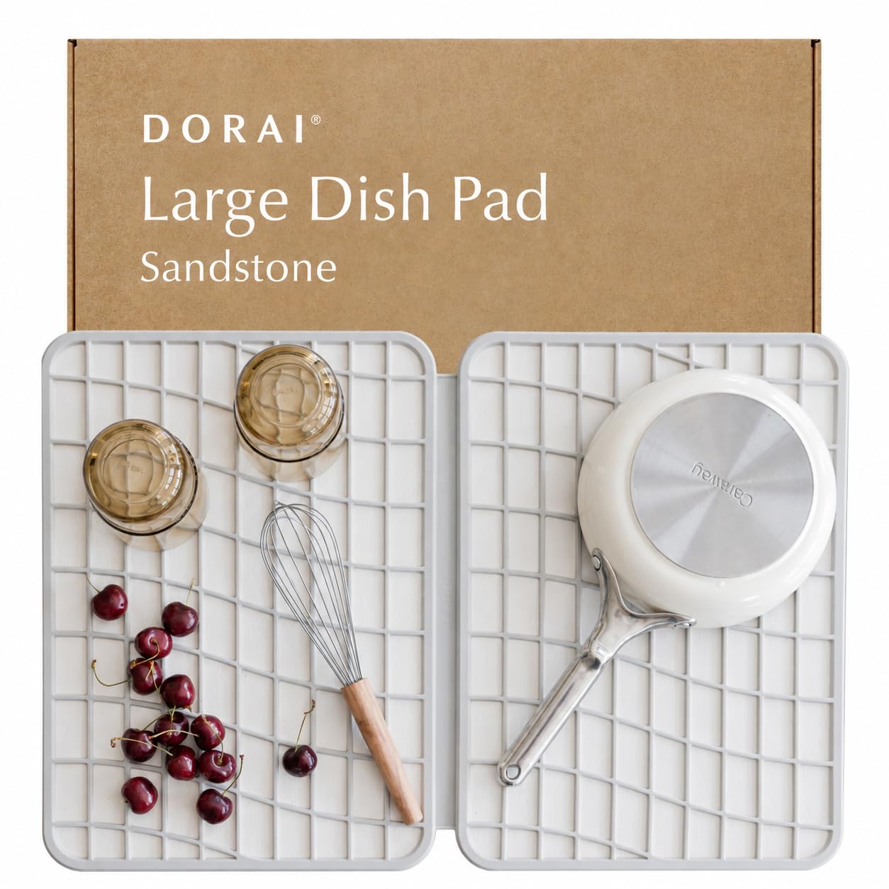 Dorai Home Dish Pad - Collapsable Stone Dish Drying Mat with Diatomaceous Earth for Quick Drying - Ultra Absorbent - Encased in Silicone - Eco-Friendly, Foldable - Large 24.6" x 16.5", Sandstone