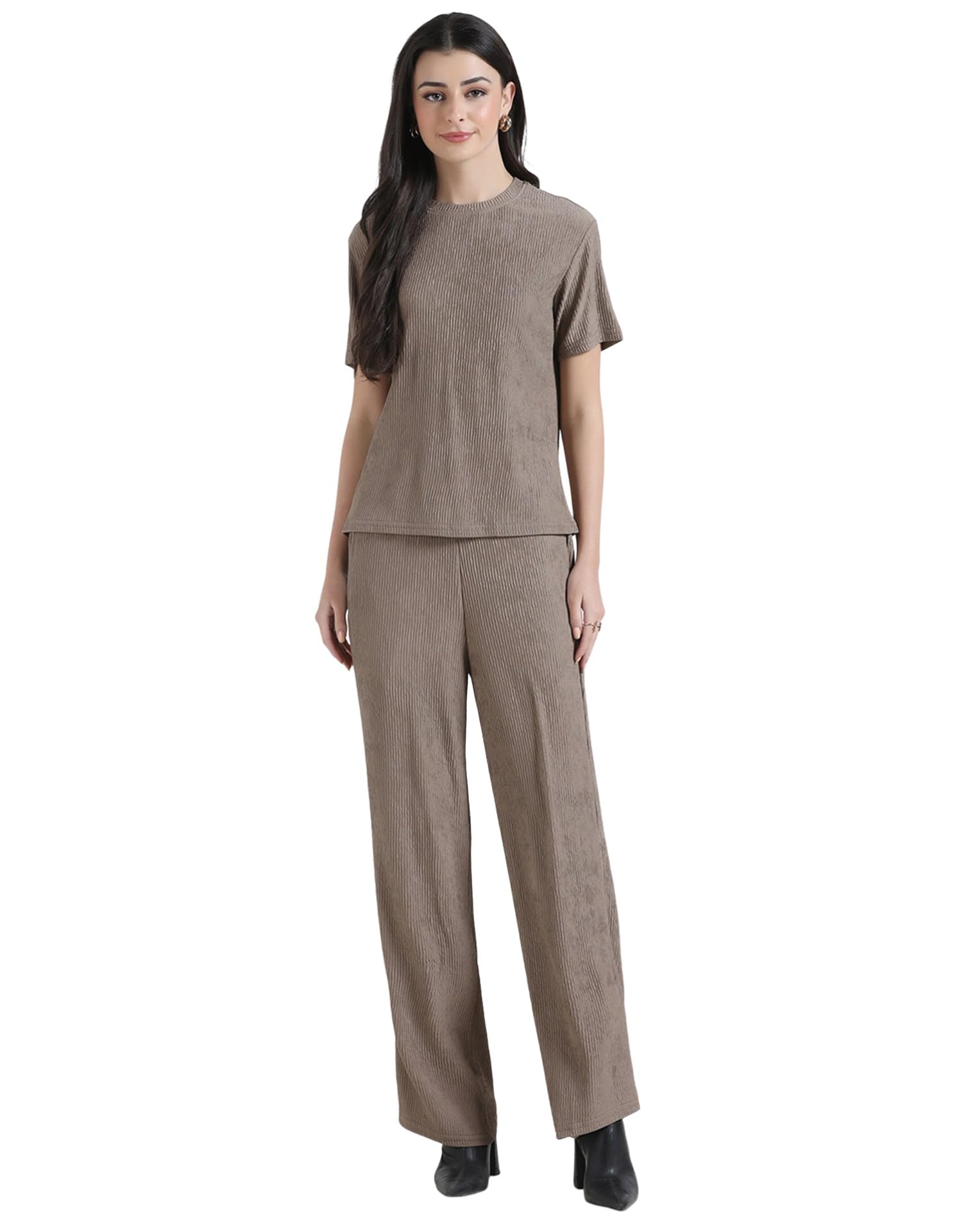 selvia Beige Lycra Textured Co-ord Set for Women, Round Neck Top and Trouser Pant-picture-37