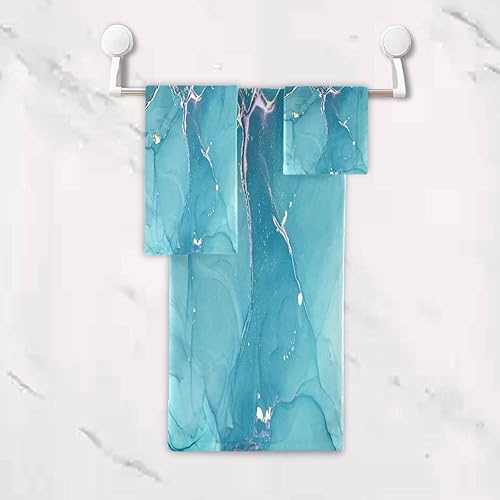 Miniatura 5 de ALAZA Juego de 3 toallas de baño de arte fluido abstracto de mármol azul, 1 toalla de baño, 1 toalla de mano, 1 toallita suave, multiusos para baño,