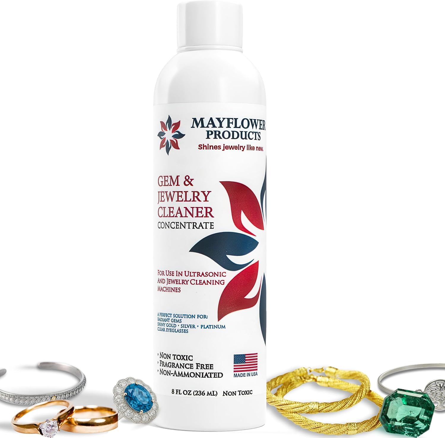 Mayflower Jewelry Cleaner for Ultrasonic Machine Made in USA Non Toxic Tarnish Remover Solution Concentrate for Cleaning Gems Diamond Rings Silver