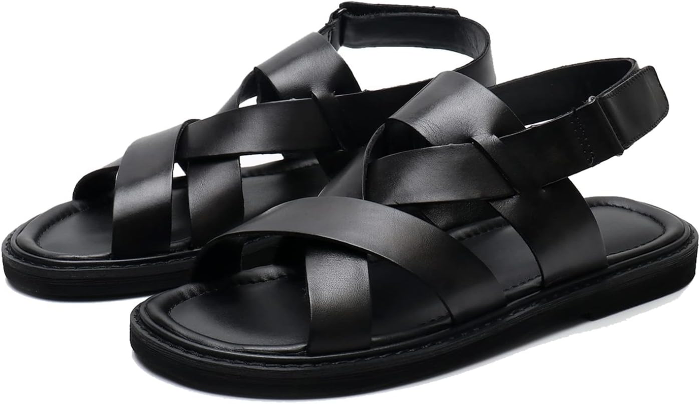 [kzzkoo] レザー メンズサンダル マジックテープ クロスサンダル 本革 牛革 革靴 ビーチサンダル 防滑 耐久性 痛くない カジュアル 紳士用 水陸両用 耐磨耗 幅広 通勤 通学 フラット クッション