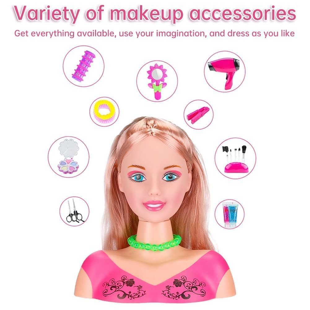 Testa per parrucchiere e trucco per bambini Pretend Playset, 34 pezzi styling testa bambola acconciatura giocattolo con asciugacapelli per bambine