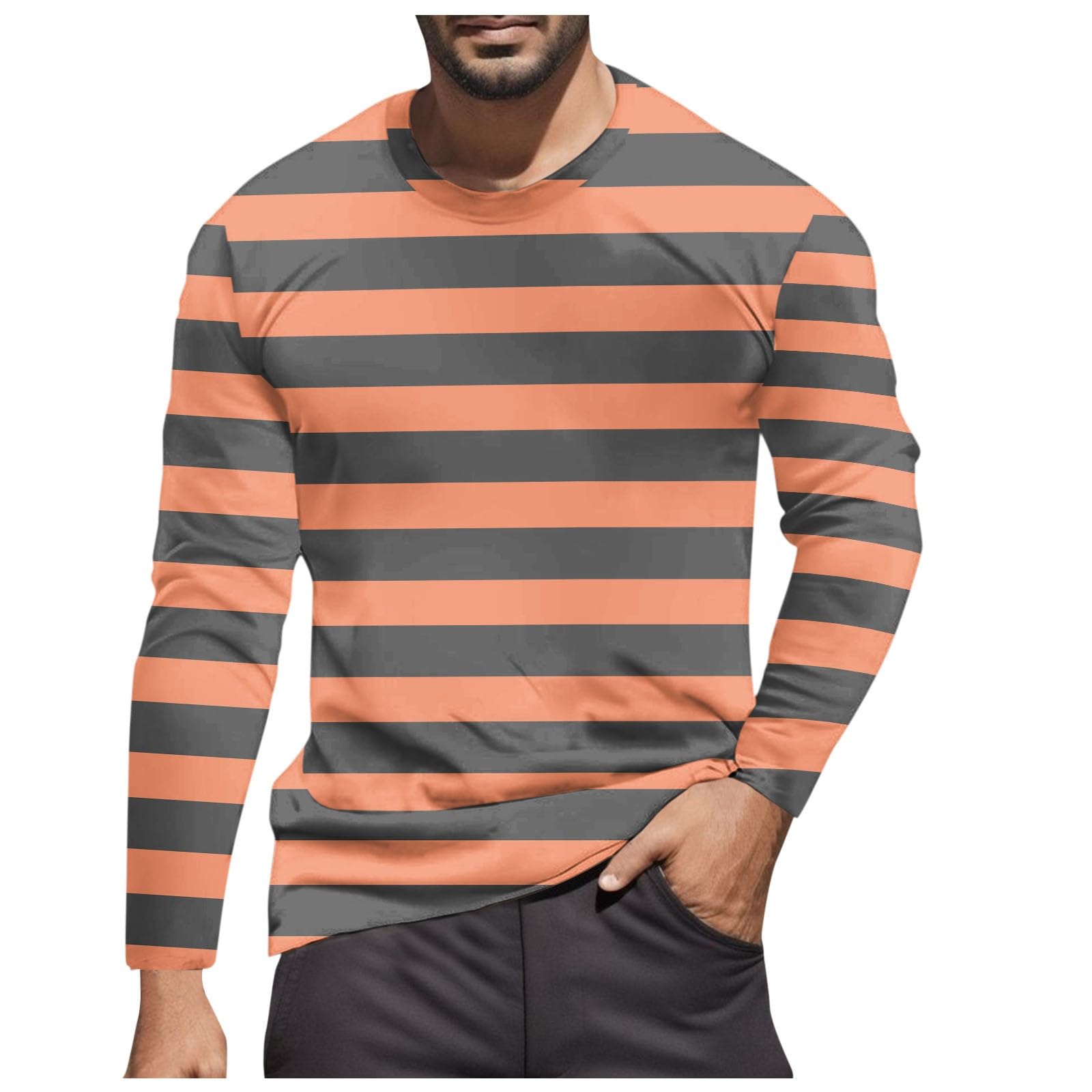 Striped Shirt Men Women Red White Long Sleeve T-Shirt Carnival Long Sleeve T-Shirt Horizontal Stripes Wide Stripes Fine Stripes Crew Neck Leisure Top Striped Shirt Fancy Dress Costumes, Yellow-11, 3XL
