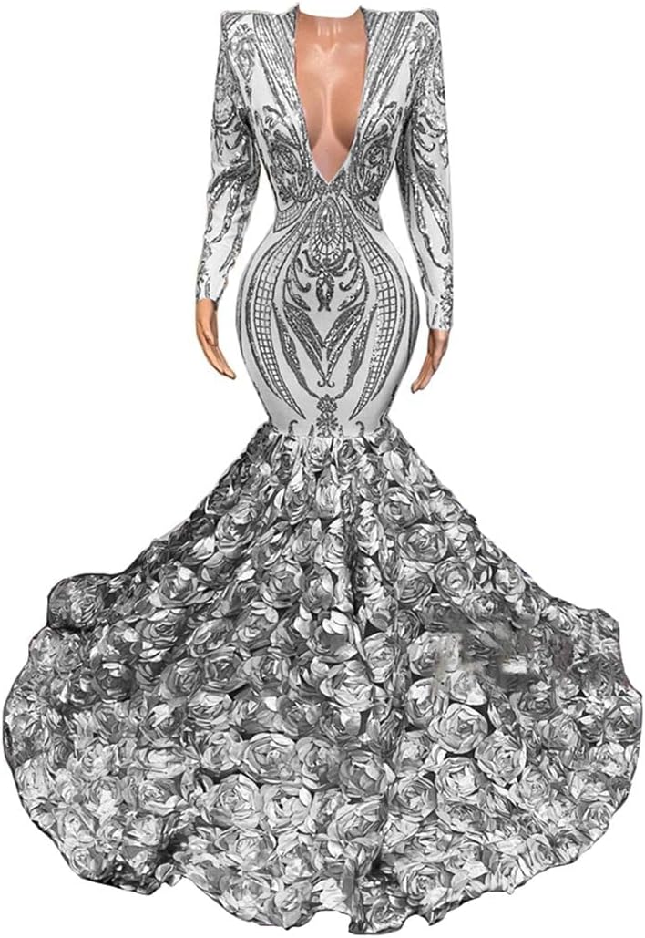 Long Sleeve V Neck Mermaid Sequined Organza Prom Dress