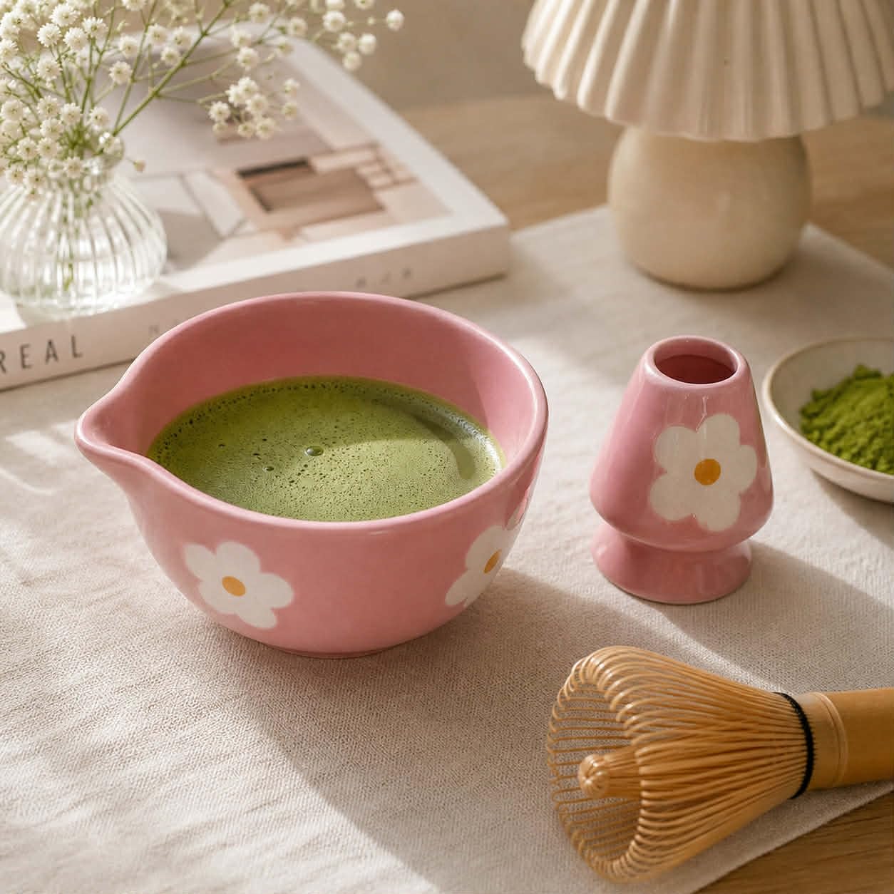 Lupaava Ceramic Matcha Bowl Set with Whisk Holder | Japanese Style Matcha Chawan with Spout | Green Tea Mixing Bowl | Aesthetic Tea Ceremony Set | Heart Design (2 Color Variations) (White Flowers)-image-37