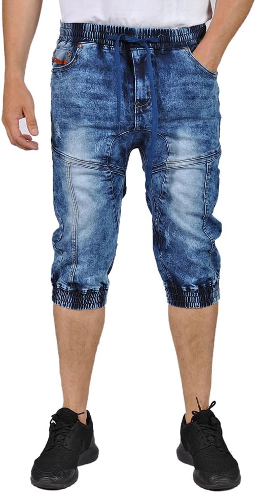 Mens Denim Elastic Waist Cuffed Bottom Capri