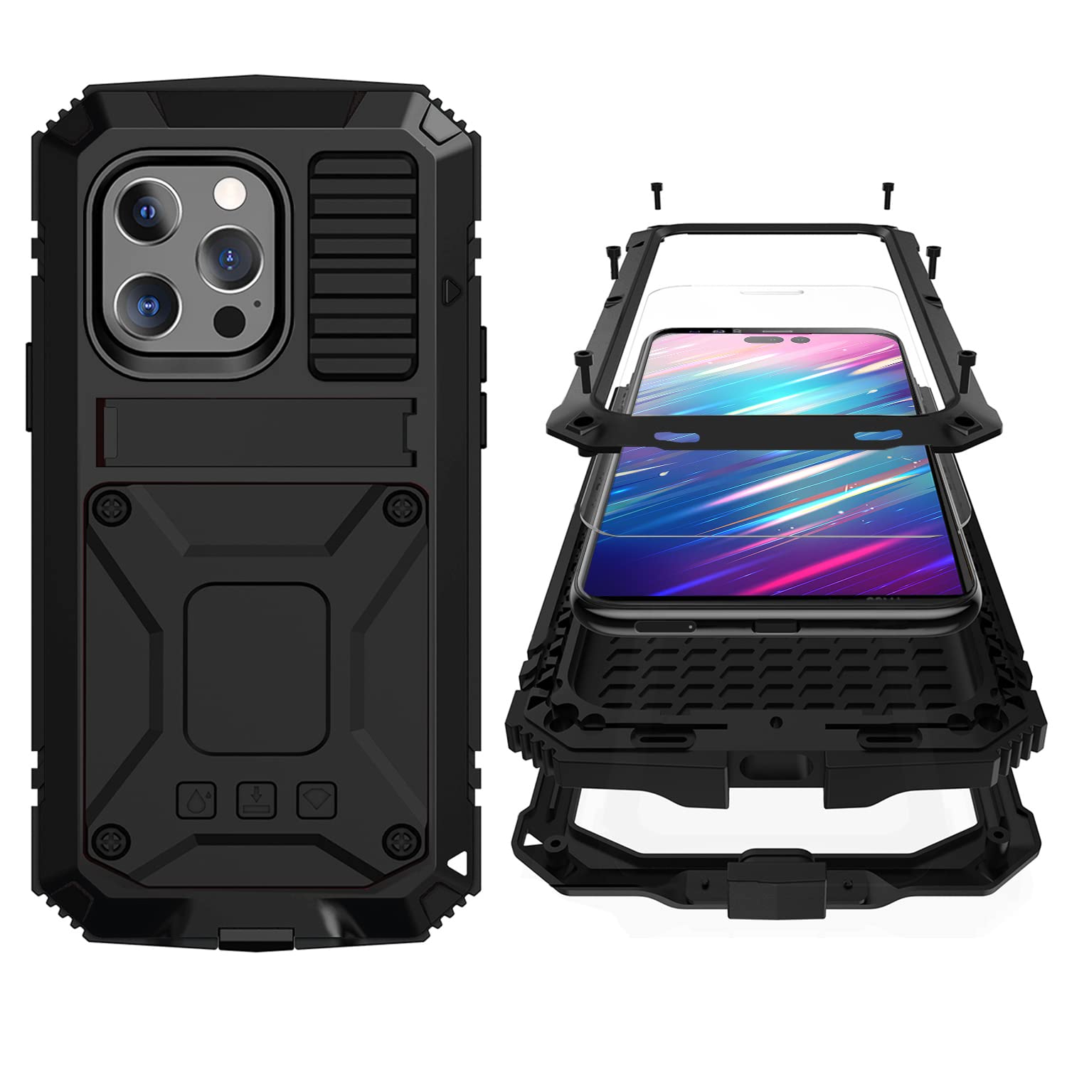 Simicoo iPhone 14 Pro Max Metal Case with Screen Protector Camera Protector Military Rugged Heavy Duty Shockproof Case with Metal Kickstand Full body