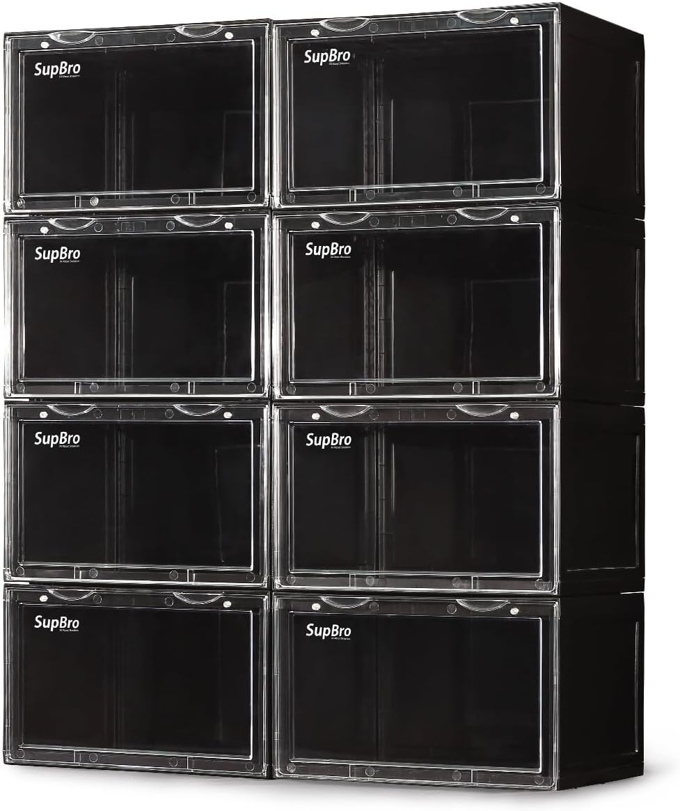 SupBro Collection Crate - Easy Access Storage Shoes Box -Plastic Foldable Stackable Sneaker Display Storage with Clear Side Open Door Organizer-8 Pack(Black)