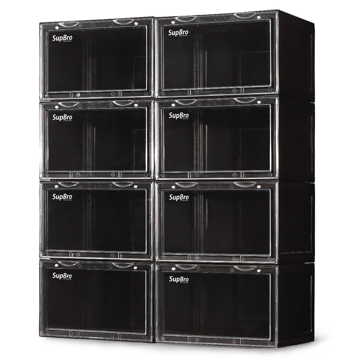 SupBro Collection Crate - Scatola per scarpe di facile accesso, in plastica, pieghevole, impilabile, con porta aperta laterale trasparente, confezione da 8 (nera)