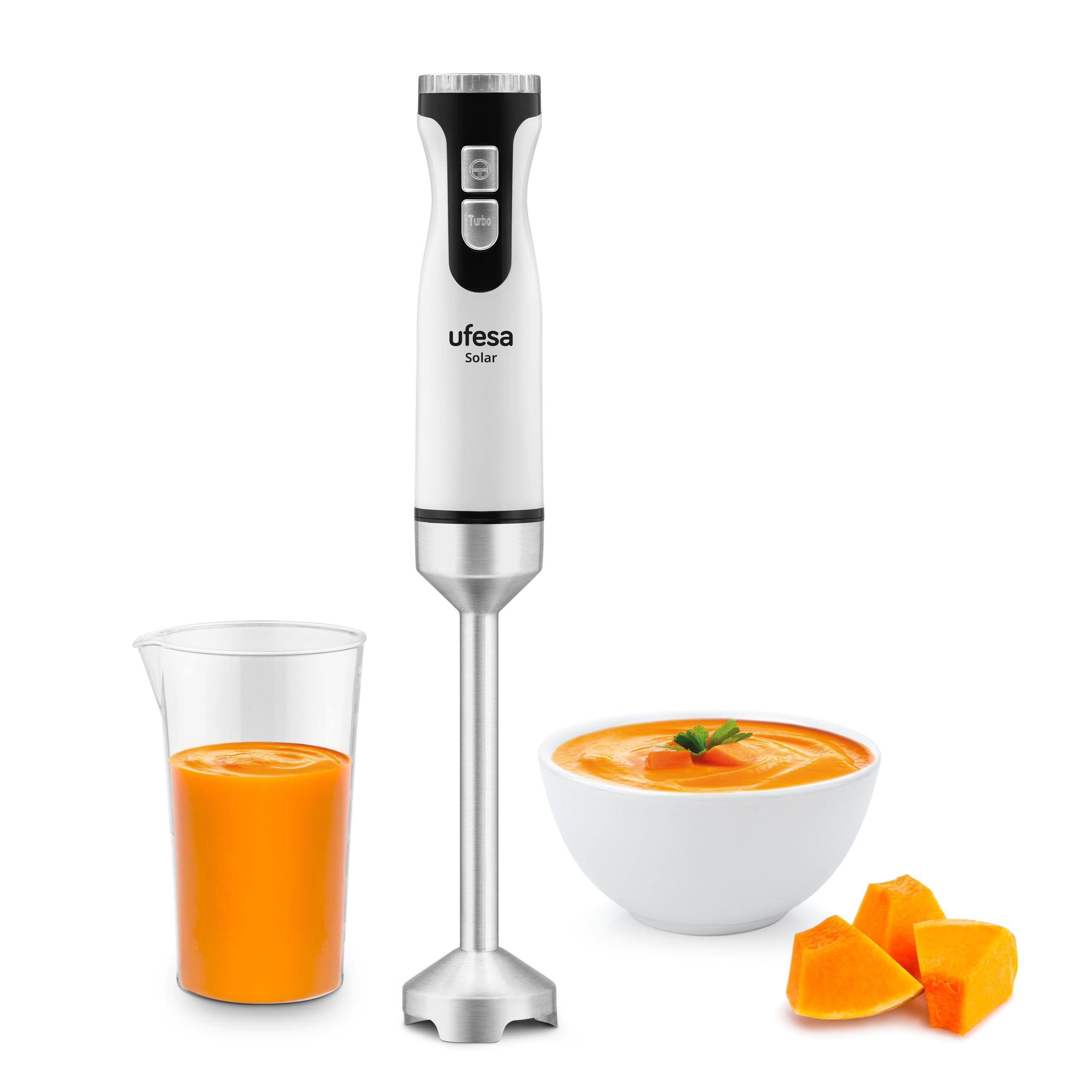 Ufesa Solar Hand Blender, Power 1200W, 12 Speeds + Turbo, 4 Stainless Steel Blades, Ergonomic Design and Anti Splash, Measuring Cup, BPA Free