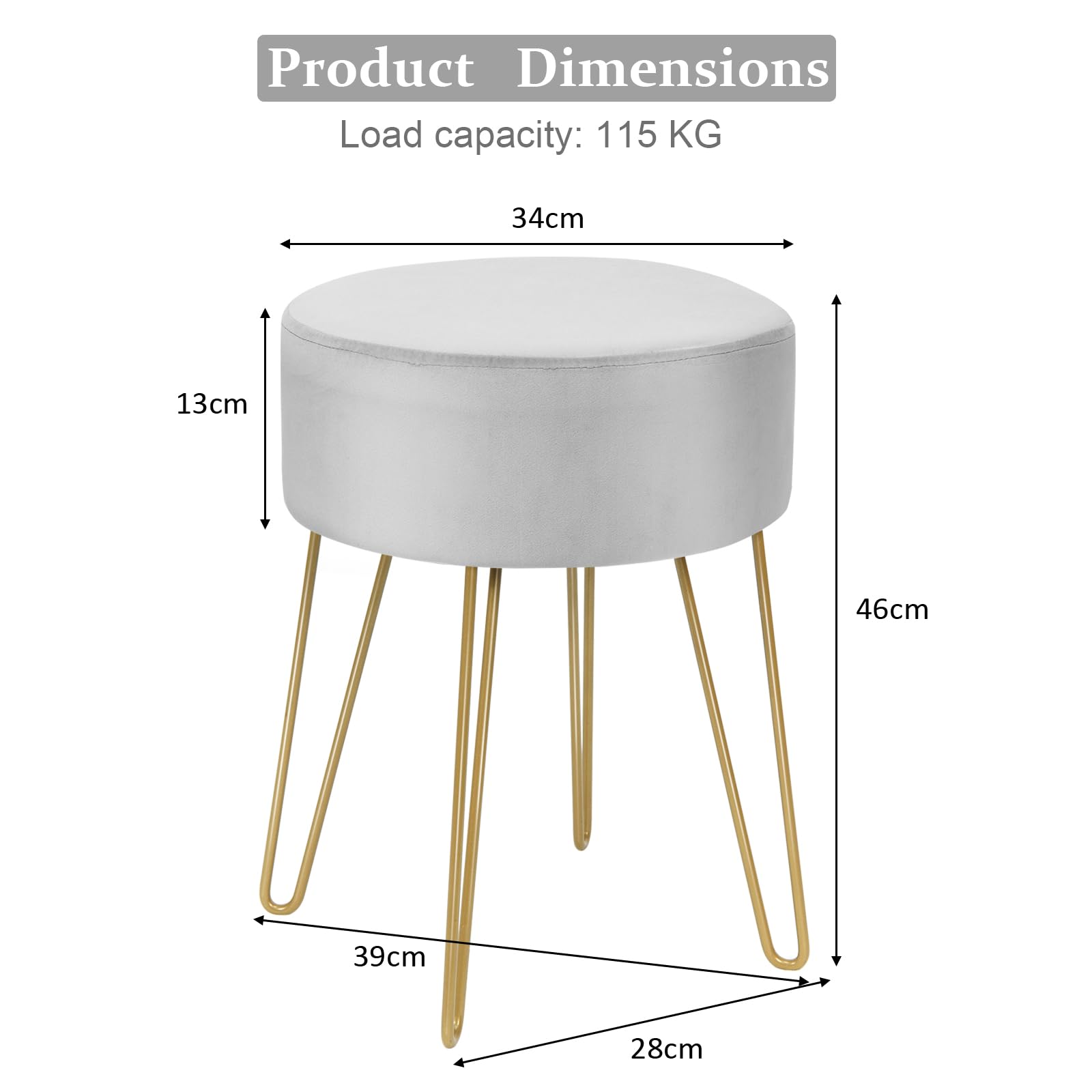 HOMASIS Taburete para Maquillaje de Aseo, puf de Terciopelo, escabel para sofá, Patas de Metal Dorado, Taburete Moderno, 34 x 46 cm (Gris)