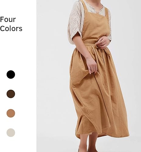 Miniatura 7 de Delantal largo de algodón plisado con espalda en X para cocina, jardín, floristería, ropa de trabajo, vestido con babero