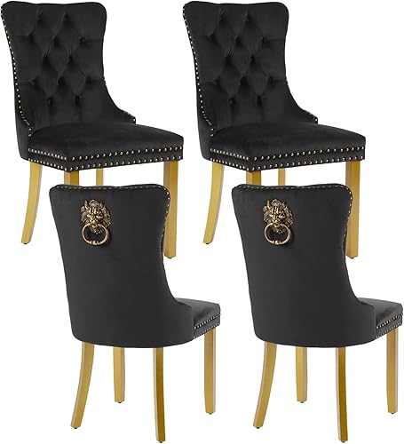 Miniatura 76 de Juego de 4 sillas de comedor de terciopelo beige, sillas tapizadas modernas para comedor con respaldo capitoné y acentos de madera, patas curvas de