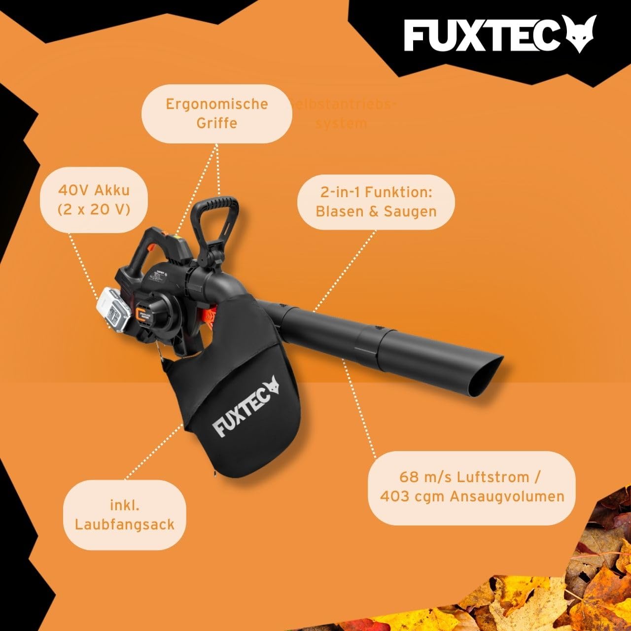 FUXTEC 40 Volt 2in1 Akku-Laubbläser/-Sauger FX-E2LBS, leistungsstarker Laubhäcksler inkl. Laubfangsack, Saugleistung 685.1m³/h, ergonomischer Handgriff, Geschwindigkeitsregulierung
