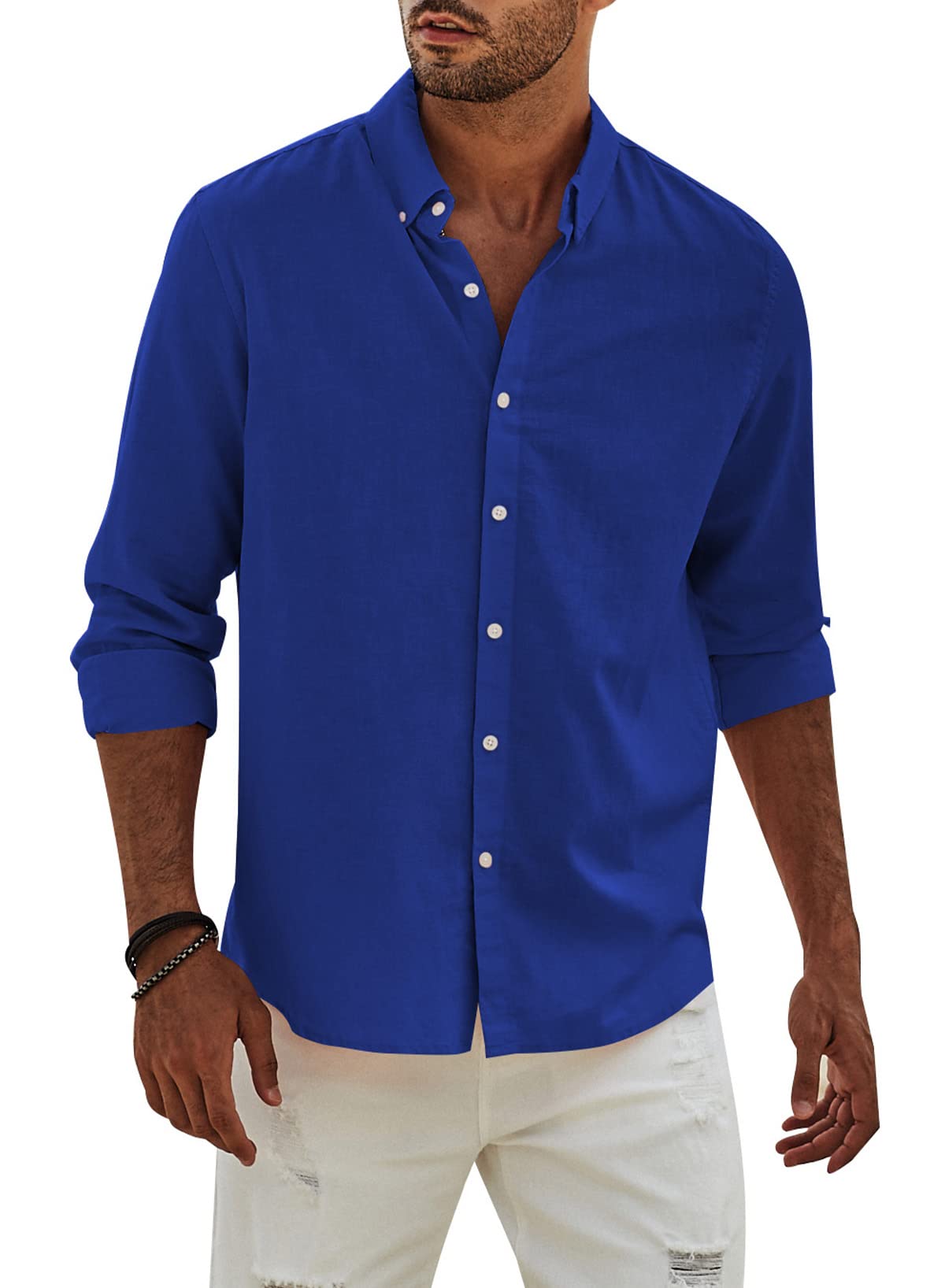 Elegancity Hemd Herren Leinenhemd Langarm Freizeithemd Leinen Shirts Casual Langarmhemd Baumwolle Western Hemden Sommer Herbst OberteileBlauS