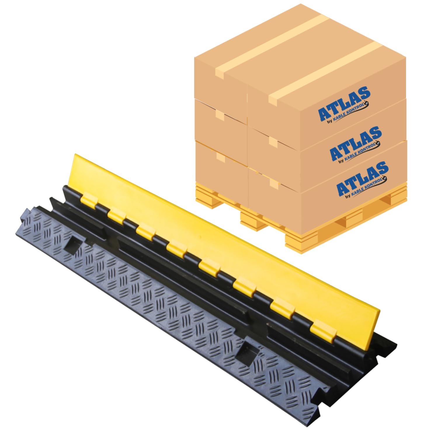 Kable Kontrol Atlas Heavy Duty Cable Protector Ramp - 2 Channel Bulk Wholesale Pallet - 20 Pcs - 40” Long Black &amp; Yellow - 24,000 Lbs Capacity - Rubber Speed Bump Wire Protector Cord Cover - CP9987