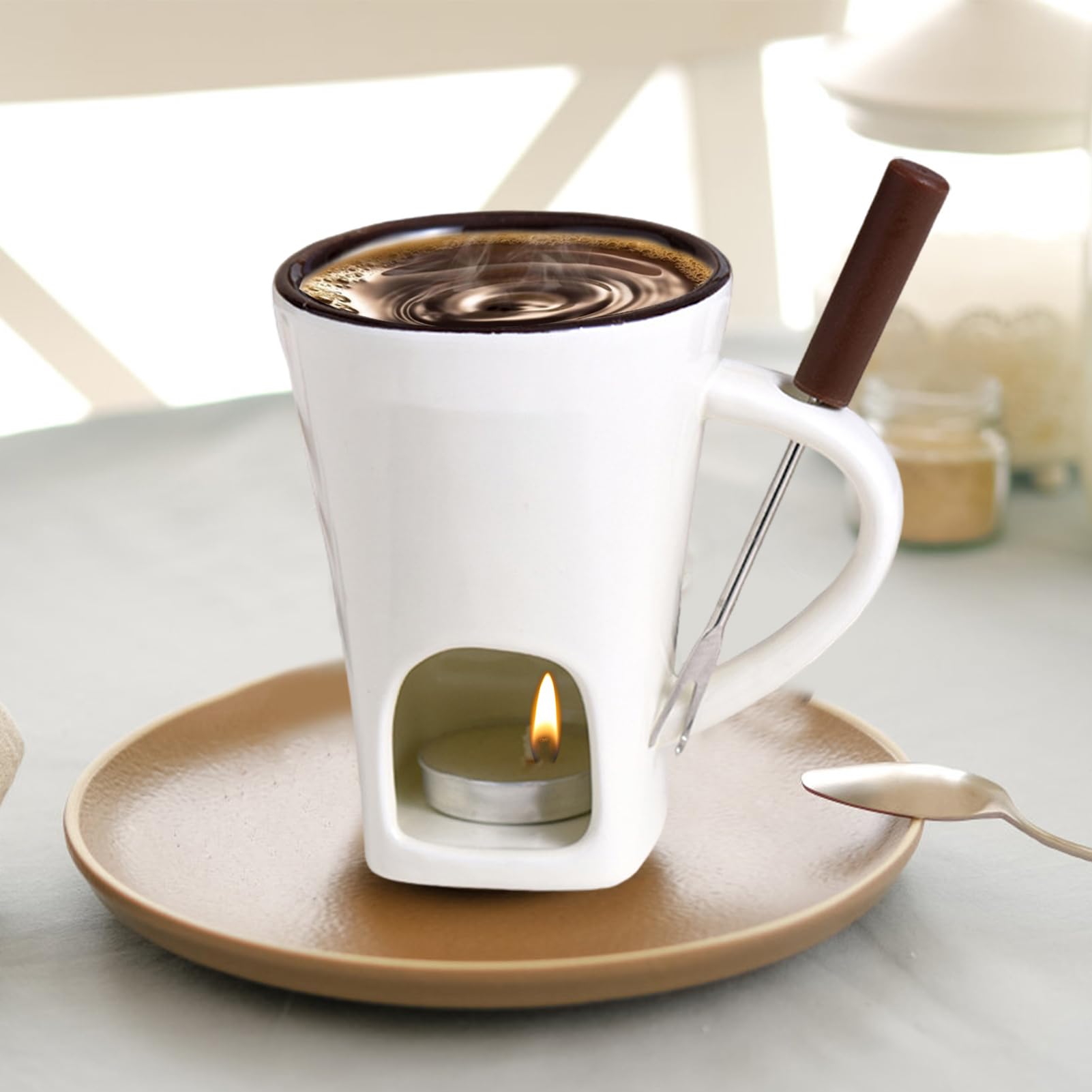 Generico Tazzas per Fonduta di Cioccolato con Forchette, Confezione da 2 T-azza per Sciogliere Il Cioccolato, Tazzas per in Ceramica, Tazze per Fonduta di Caramelle con Forchetta per Dessert