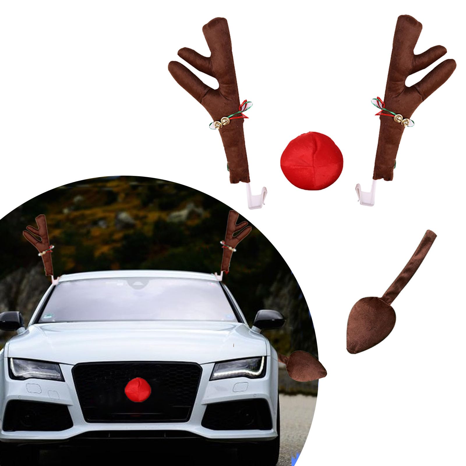クリスマス トナカイ 角 車 デコレーション キット LED マルチカラーライト付き トップ &amp; グリル クリスマス オート Fogfar 4個 車 クリスマス トナカイの角 装飾キット 車のトナカイの角 LEDライト付き 赤い鼻 しっぽ どんな車にもベル  クリスマスデコレーション (ブラウン)