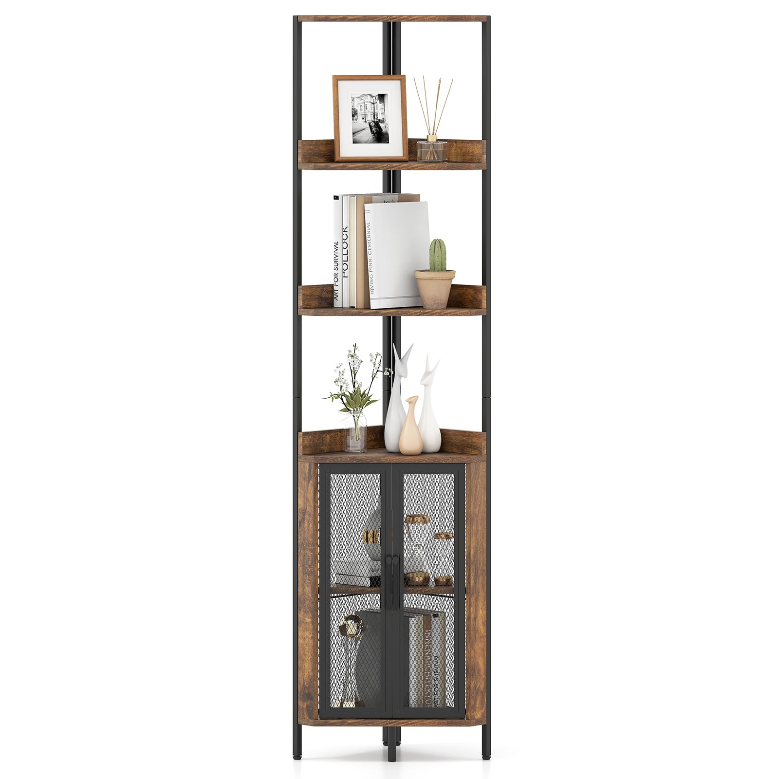 COSTWAY Regał narożny z 6 poziomami, 170 cm, narożny regał na książki z szafką, drzwiami i metalowymi ramami, wolnostojący, regał do przechowywania do salonu, sypialni, kuchni, brązowy, 32 x 32 x 170