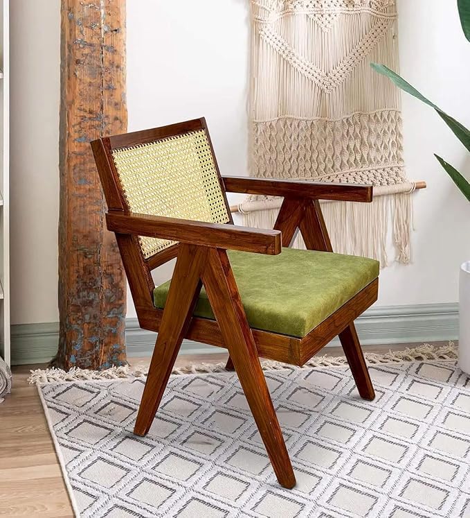 Dews Furniture Solid Sheesham Wood & Cane Chair Wooden Rattan Arm Chair | Dining Chair for Living Room, Bedroom, Indoor, Outdoor & Home (Teak Brown) and Green Upholstery-image-35