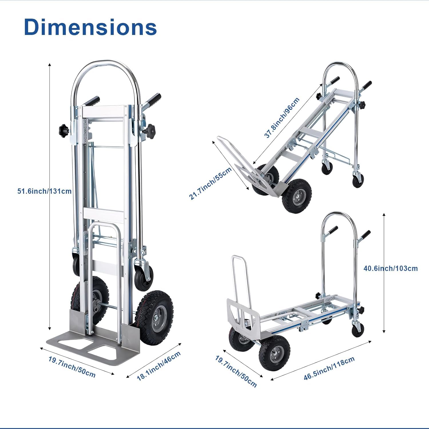 TREPPE Carrello pieghevole 3 in 1 in alluminio ultra resistente - (2 ruote: 200 kg, 4 ruote: 250 kg), ruote robuste senza forature, piattaforma e carrello a mano convertibili