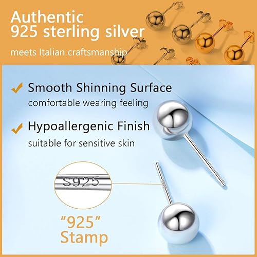 Miniatura 3 de PROSILVER 925 Sterling Silver Ball Stud Earrings, Hypoallergenic for Sensitive Ears, Womens Flat Back Studs, 3mm4mm5mm7mm, Come with Box