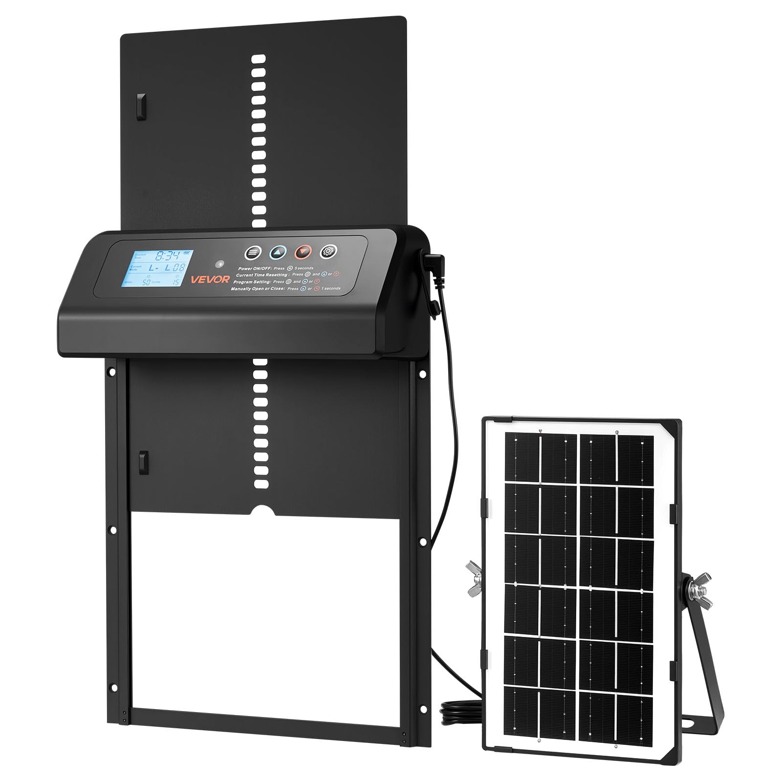 VEVOR Porte Automatique Poulailler Solaire et à Pile, Ouvre-Porte Automatique pour Poulailler, avec Télécommande, Capteur de Lumière et Minuterie, Anti-Pincement, Écran LCD, en Alliage d'Alu, Noir