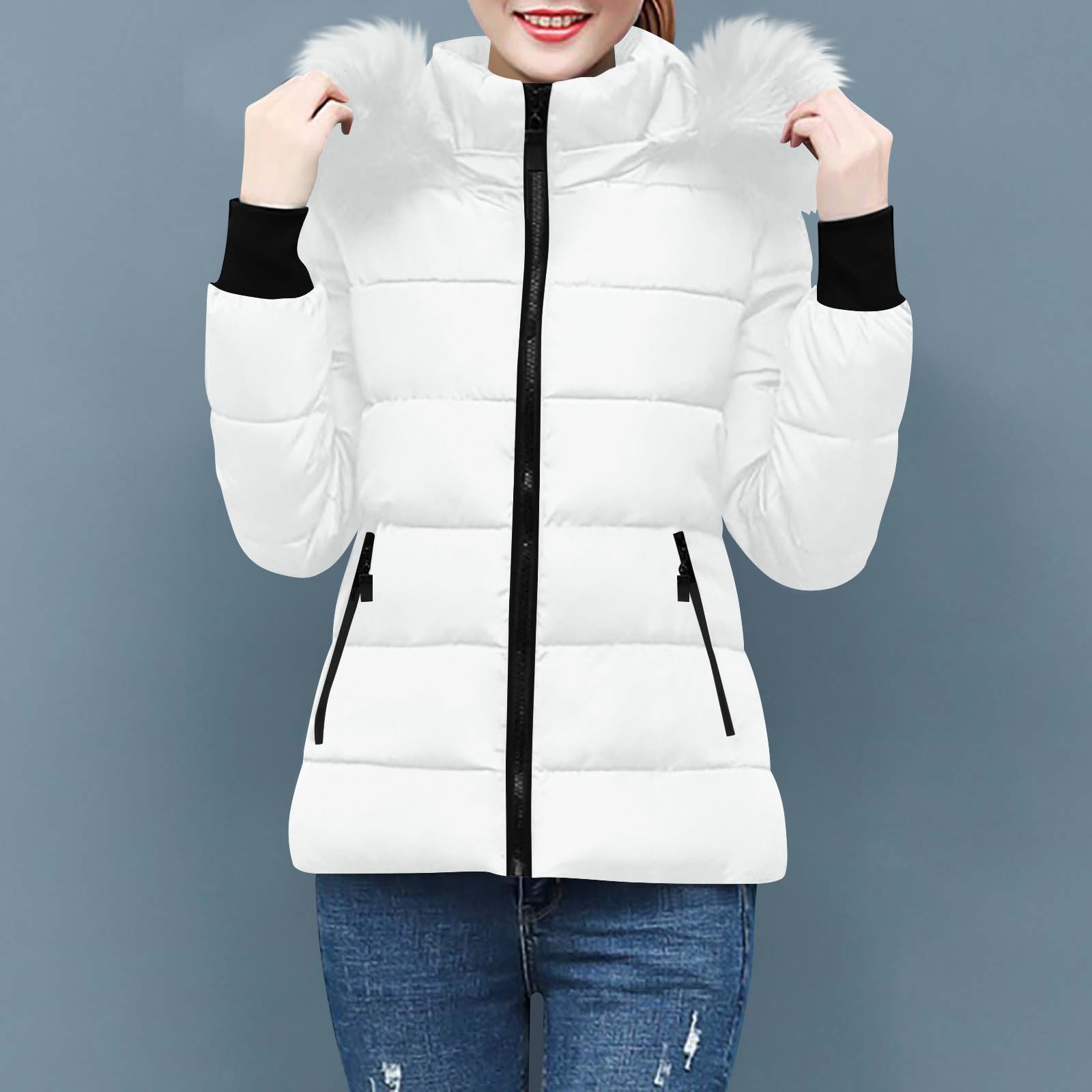 KHIRVWL Doudoune Femme Hiver Chaude- Manteau Matelassée à Capuche Amovible En Peluche- Veste Légère Avec Poches Et Zippé- Blouson Slim Fit Col Montant- Manteaux Mi Saison Puffer Jacket Manches