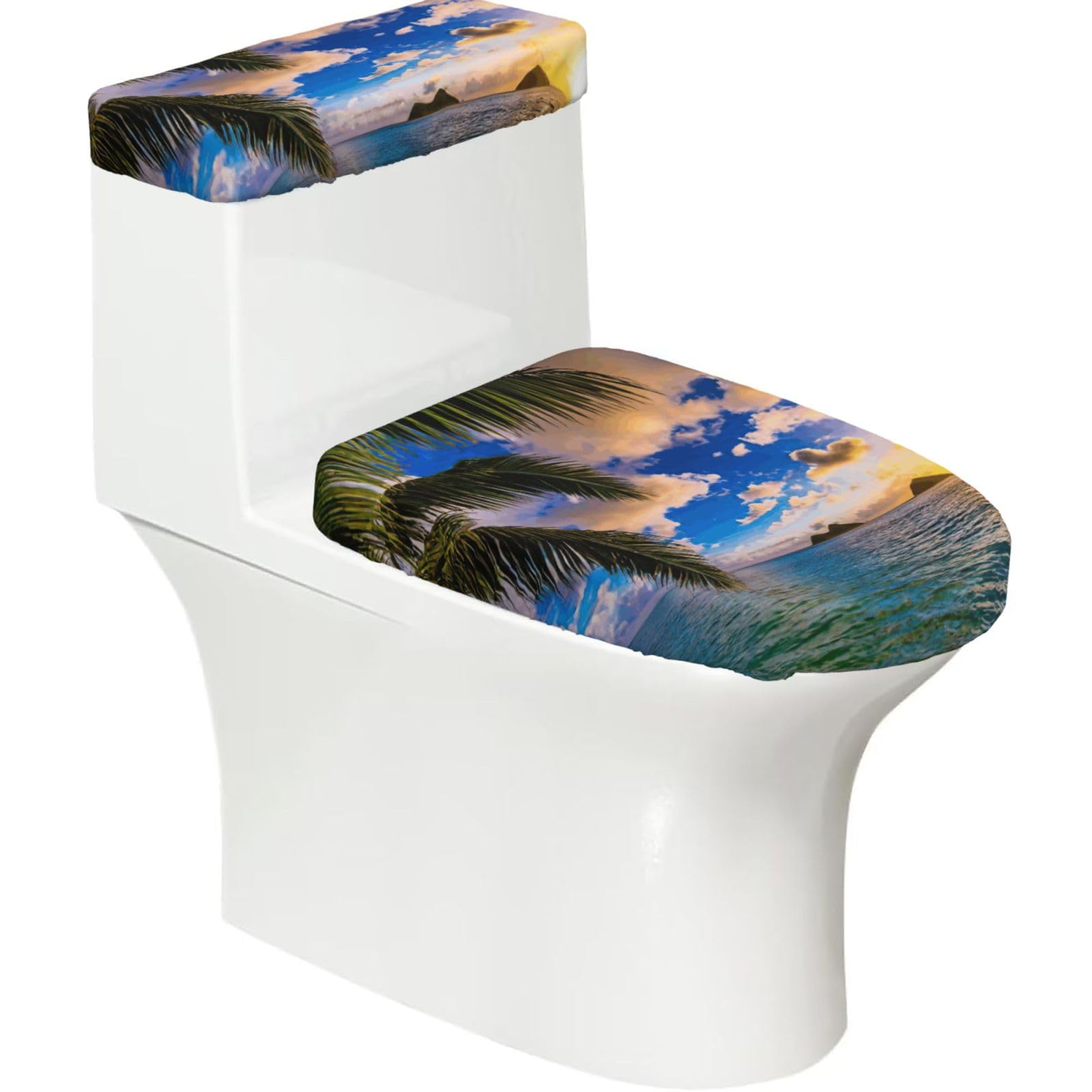 Tropical Hawaii Palm Tree Ocean Sea Sunset Print 2-Piece Stretch Toilet Cover Set, Elastic Breathable Toilet Seat and Tank Lid Protector