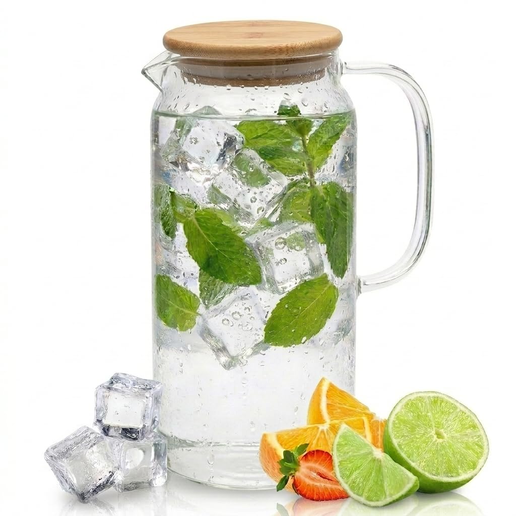 Jarra de Agua Cristal 1,2L con Tapa Bambú Natural. Jarra de Agua en Vidrio Borosilicato Resistente al Calor, Botella Cristal Reutilizable, Vida Saludable. (1,2 Litros, Tapa de Bambu) - 1