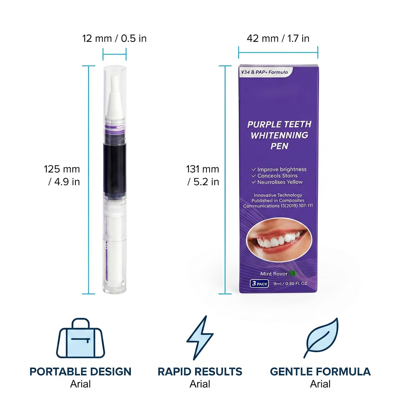 Penna Sbiancante Denti 3 Pezzi, Penna Sbiancante Viola per Denti Bianchi, Gel Sbiancante Denti contro Macchie di Caffè e Tè, Trattamento Sbiancamento Denti