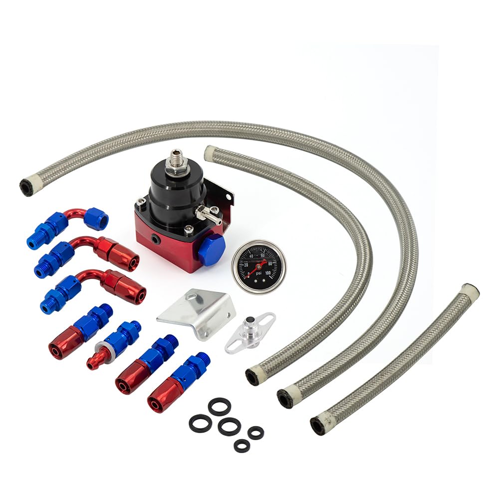 ZHSYMX Fuel Pressure Regulator Set with 0-160 PSI Gauge, AN6-6AN Fuel Line Hose Fitting Connectors Kit Black & Red