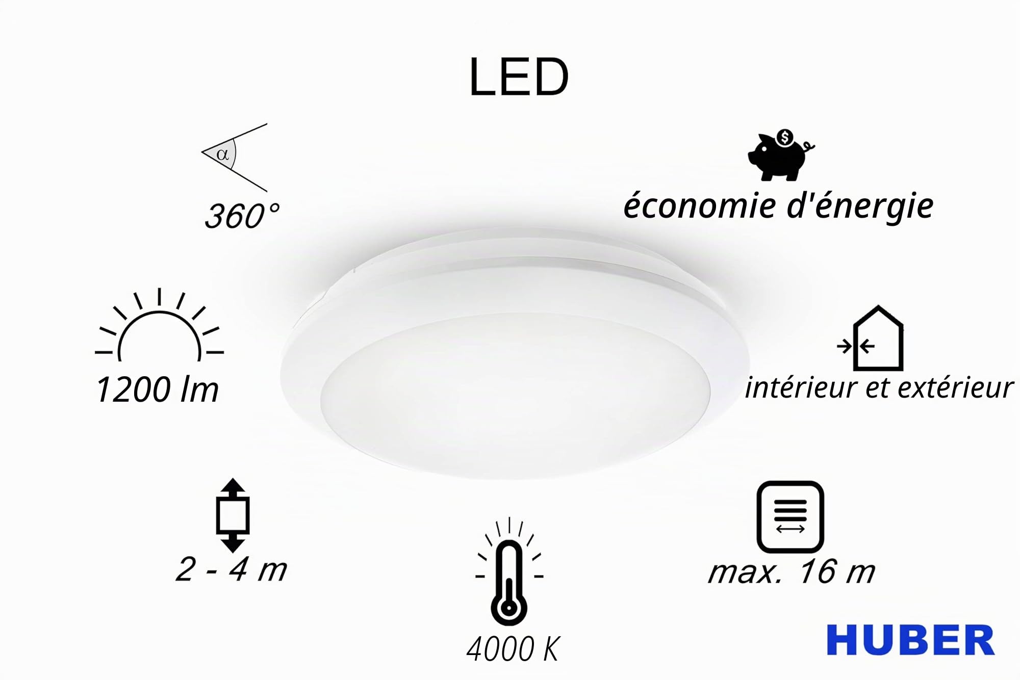 Huber HML 80HF plafonnier LED detecteur de mouvement pour intérieur et extérieur 360° 16W, 1200lm, IP54 plafonnier led exterieur, led lampe