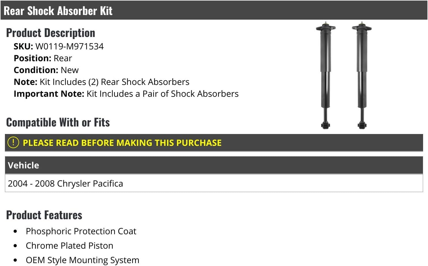 Rear Shock Absorber 2 Piece Kit - Compatible with 2004-2008 Chrysler Pacifica