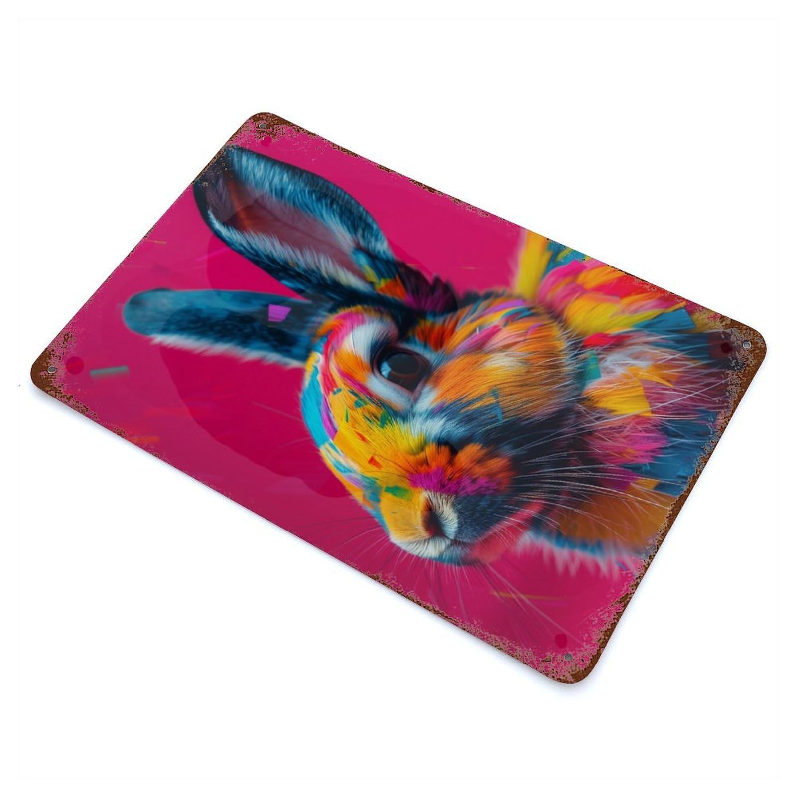 Rust Effect Colorful Rabbit Portrait Aged Metal Wall Plaque 11.8"x7.9", Rustic Home Decor for Bistro, Counter And Cafe Decor