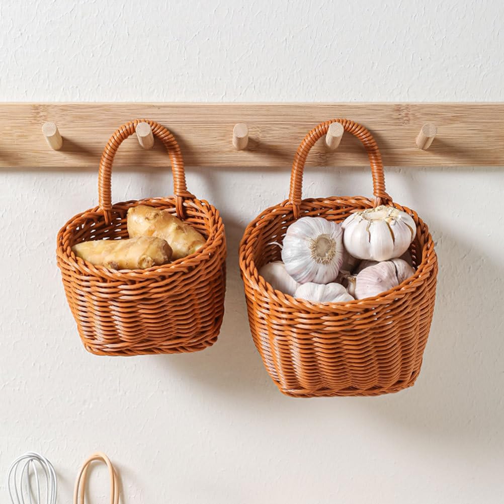 PRETYZOOM Hanging Woven Basket for Kitchen Wall Mounted Storage Rattan Hanging Vegetable Basket Organizer for Ginger Garlic Holder 7.5X7.9X5.1 Inches