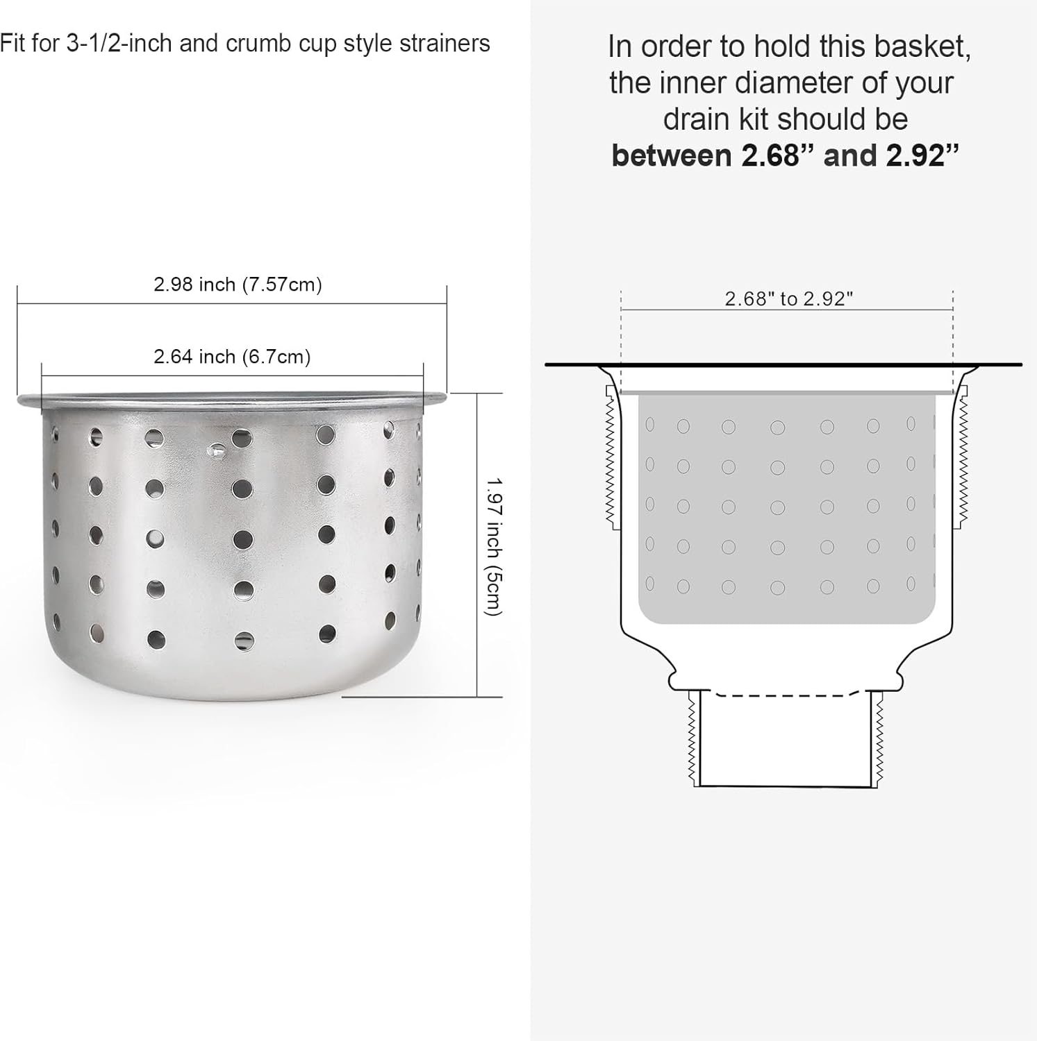 Kitchen Sink Drain Basket Only, 3-inch Basket for Kitchen Sink Strainer Replacement, Deep Cup with Handle, SUS 304 Stainless Steel - Image 6
