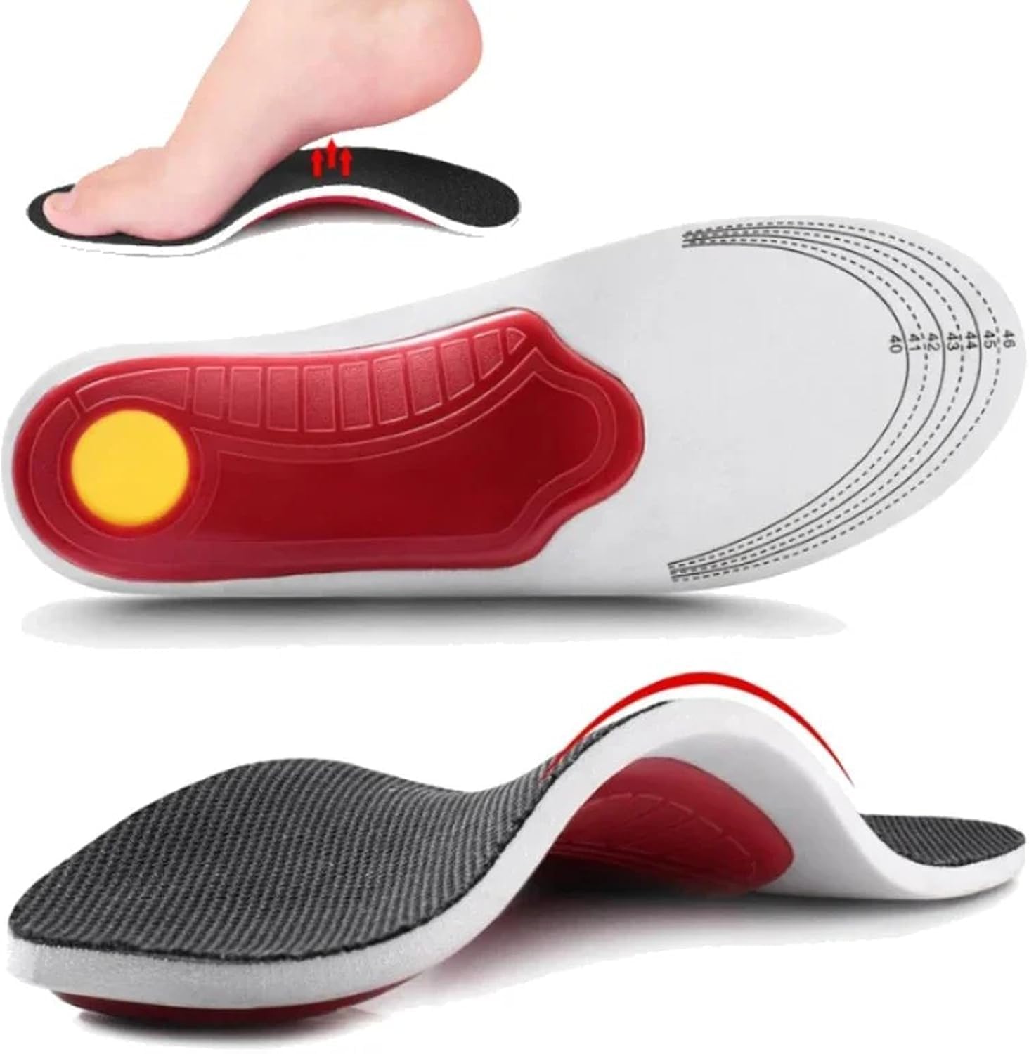 Sensa - Arcoflex Plantari, Solette Ortopediche Di Supporto,Tallone Stabilizzante,Traspiranti,Antiscivolo，Red 1paio：40-46cm