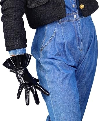Black Super Long Leather Gloves for Women Faux Patent PU Sexy Opera Glossy Pair Finger Gloves Cosplay Matching