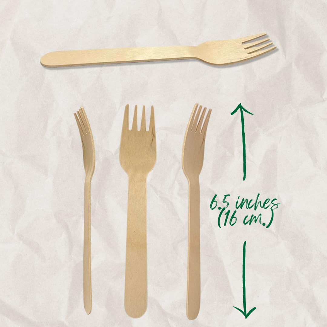 Disposable Wooden Forks, Flatware for Camping, Catering, Picnic, BBQ Party, Set of 6.5 inches (100 Pcs)
