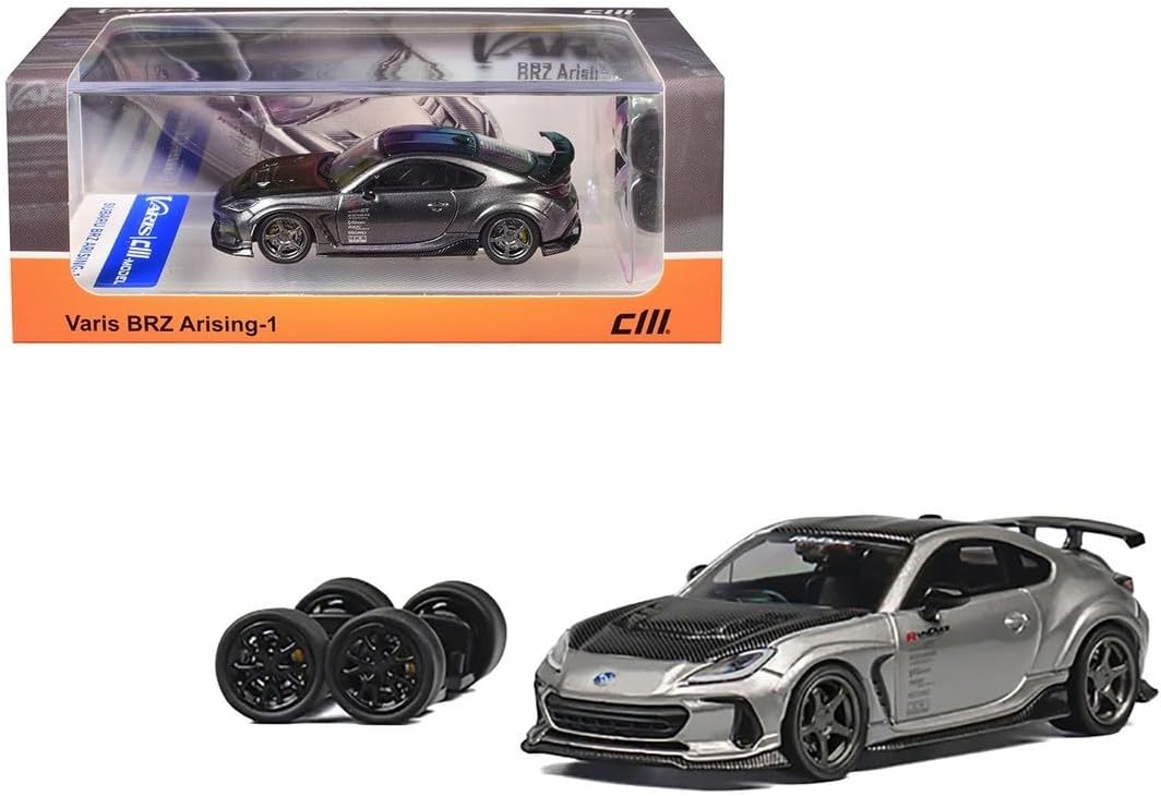 Diecast Model Car Compatible with CM Model 1:64 Subaru BRZ Varis Widebody Gray Metallic with Carbon Hood and Top and Extra Wheels CM64-BRZ-10