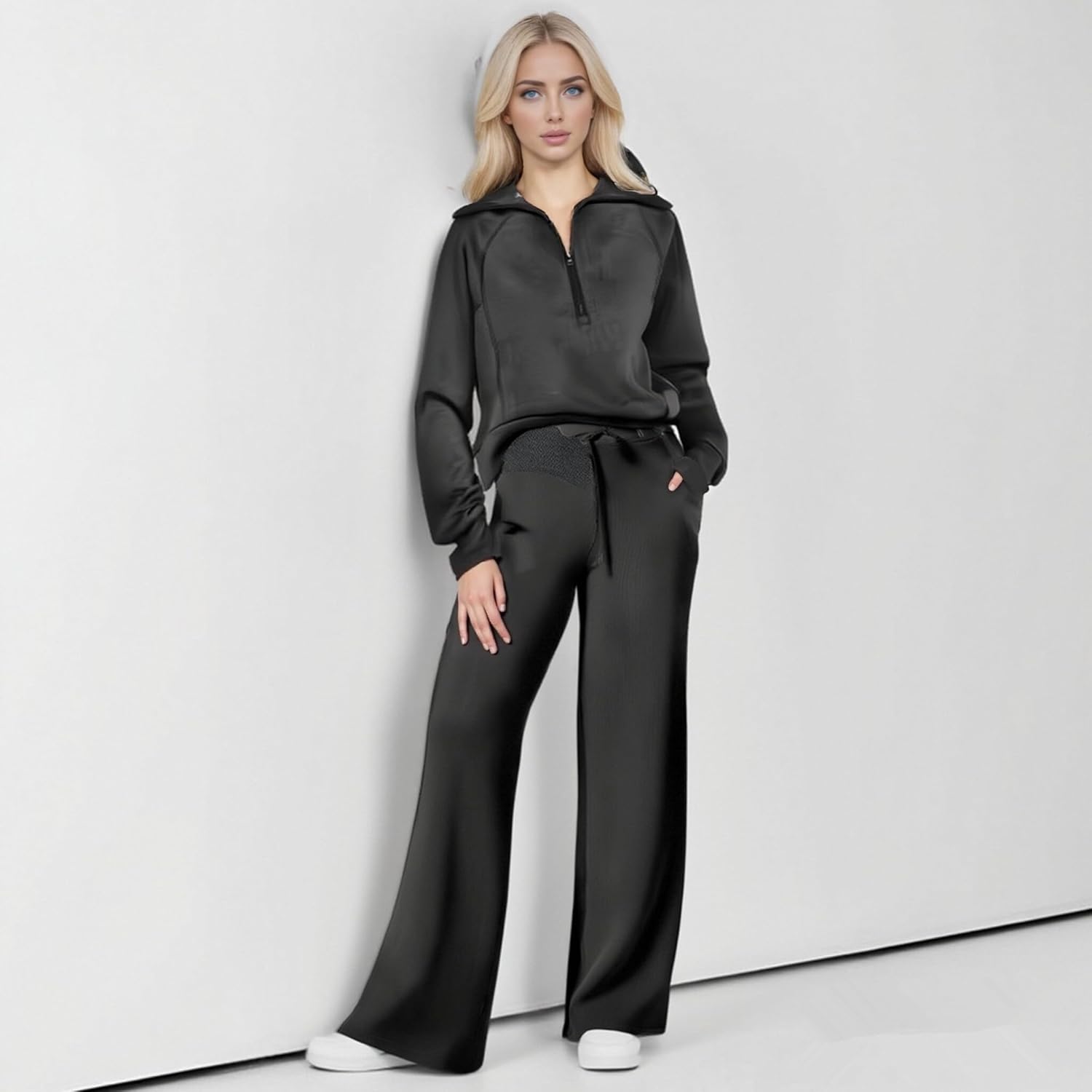Women's 2 Piece Outfits 2025 Casual Half Zip Wide Leg Pants Tracksuit Sets Lounge Set Travel Vacation Sweatsuits (US, Alpha, Large, Regular, Regular, Black) - Image 5