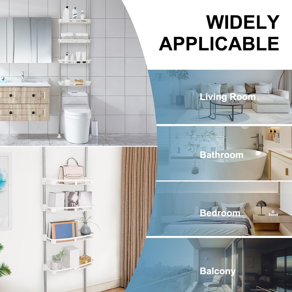 BAOYOUNI Toilettenregal Teleskop Badregal mit 4 Offene Ablagekörbe | Regal über Toilette aus Metall und Kunststoff, Teleskopstange Höhenverstellbar Platzsparend Allzweckregal, Elfenbein