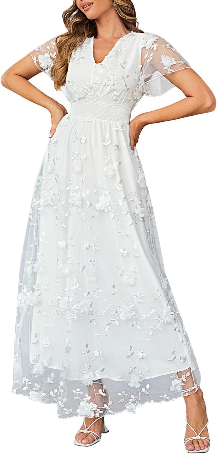 Miessial Women's V-Neck Lace Floral Long Dress Embroidery Cocktail Wedding Guest Boho Maxi Dress