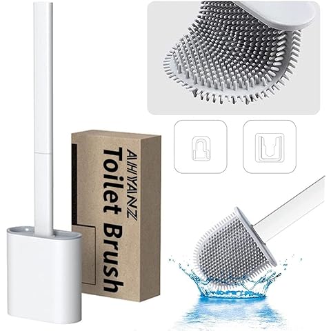 Ahyanz Toilet Brush Deep Cleaner Silicone Toilet Brushes With No-Slip Long Plastic Handle Flexible Bristles Toilet Brush With Quick Drying Holder Set For Bathroom Cover