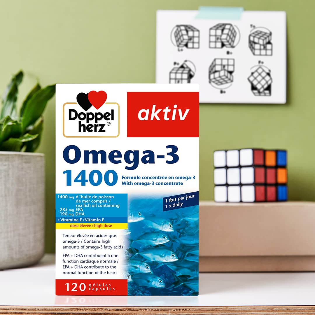 Doppelherz – Omega-3 1400 – Teneur élevée en acides gras Oméga 3 EPA et DHA & vitamine E – Pour la bonne fonction cardiaque – Huile de poisson de mer – 120 gélules